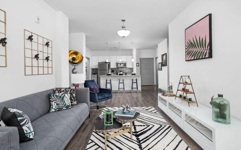 a living room with a couch and a table